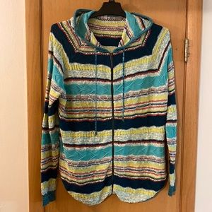 Ecote Women’s Striped Full Zip Knit Hooded Sweater Southwestern Teal Large